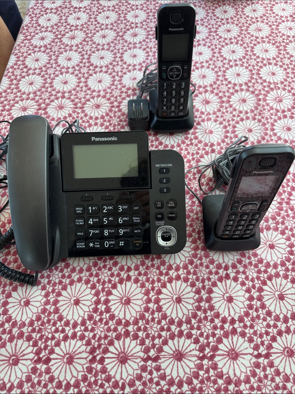 Panasonic Black Corded Desk Phone with Two Black Cordless Handsets